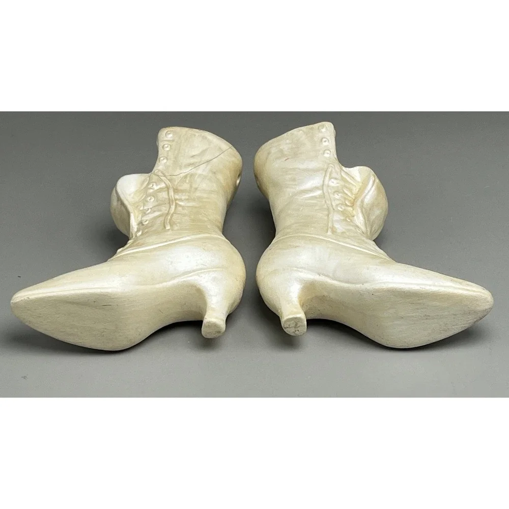 Vtg Victorian Ceramic Boot Wall Pocket Vases Cream Pearlized Pair 3.25